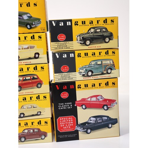 394 - A group of boxed Vanguard 1:43 Scale Die-cast Replicas of classic cars & commercial derived vans inc... 