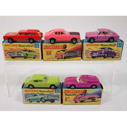 402 - Matchbox Superfast New 53 Ford Zodiac Mk IV, New MercuryCommuter, Volkswagen 1500TL, 5 Lotus Europe ... 