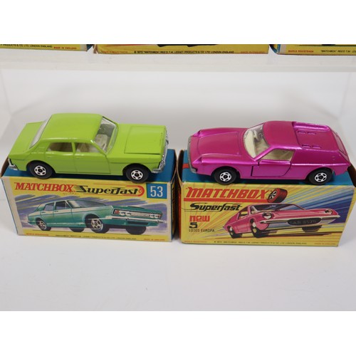 402 - Matchbox Superfast New 53 Ford Zodiac Mk IV, New MercuryCommuter, Volkswagen 1500TL, 5 Lotus Europe ... 