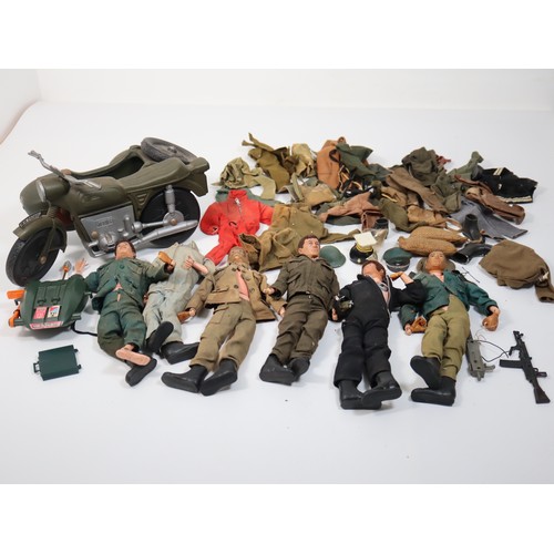 405 - A collection of 1964 Palitoy Action Man Dolls , accessories and clothing + Gherilea Bike with Sideca... 