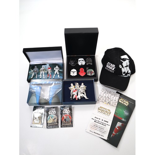 Collection of exclusive Star Wars Weekend 2008 Disney World Pin Badges, Hat & Brochures