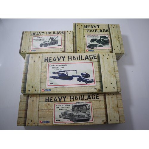 Corgi 1:50 Scale Limited Edition Box Sets includes CC12210 Scania Low Loader Thames Trader Tipper W H Malcolm Ltd, CC12818 Scania T Cab King Trailer with Tower Crane G O'Brein & Sons, CC12306 Scammell Contractor Wrecker Eddie Stobart Ltd, CC12909 Scania Topline Tractor Unit, Single & Double Axle Jeep Dolly Cadzow Heavy Haulage LTD - Boxed
