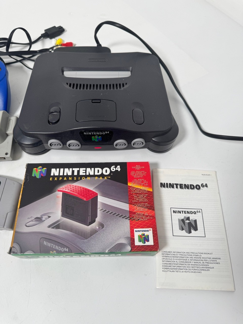 Nintendo N64 Console with two original blue controllers, Rumble Pak ...
