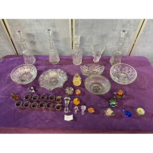 421 - A quantity of Collectable glasswares including, Bowls, Decanters, Paper weights and some Napkin ring... 