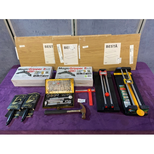 431 - Two Magic gripper sets, Two Harris gold paintbrushes, 2 tile cutting tools and some Ikea Besta Shelv... 