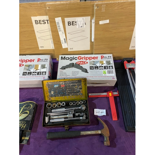 431 - Two Magic gripper sets, Two Harris gold paintbrushes, 2 tile cutting tools and some Ikea Besta Shelv... 