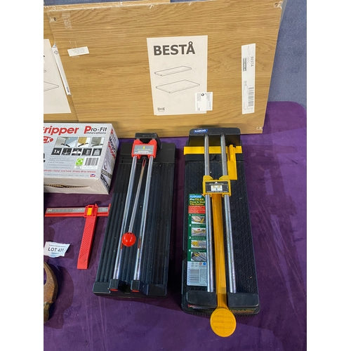 431 - Two Magic gripper sets, Two Harris gold paintbrushes, 2 tile cutting tools and some Ikea Besta Shelv... 