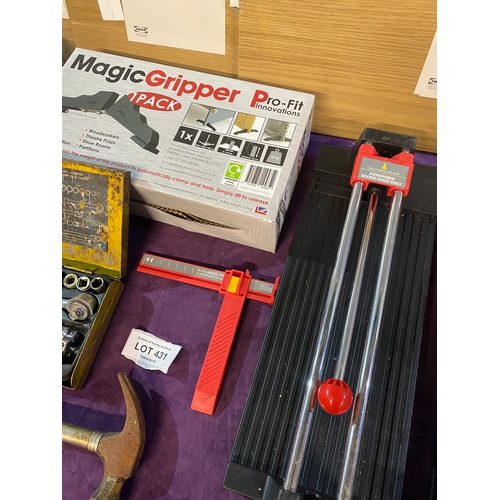 431 - Two Magic gripper sets, Two Harris gold paintbrushes, 2 tile cutting tools and some Ikea Besta Shelv... 