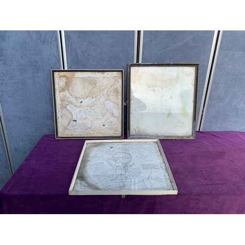 523 - Three Vintage Hand drawn sketches with Various messages and signatures.