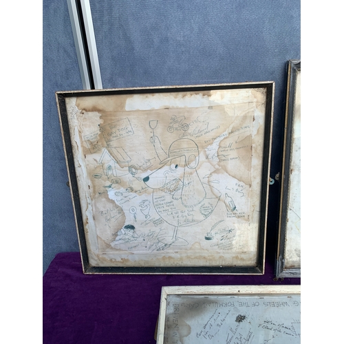 523 - Three Vintage Hand drawn sketches with Various messages and signatures.