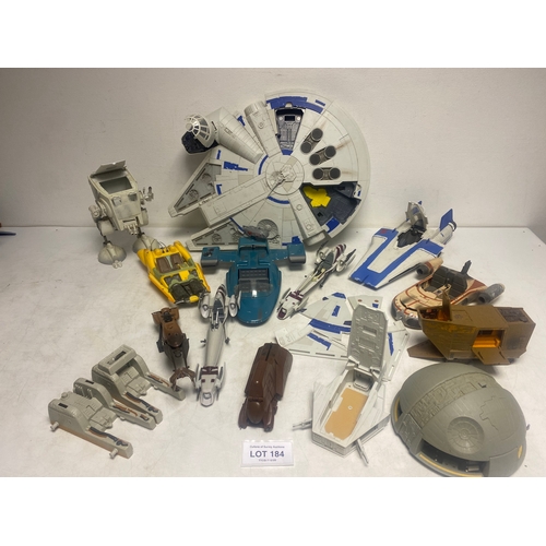 184 - A Collection of Various Star Wars Vehicles including,   Millennium Falcon, Speeder Bikes, Jawa Sandc... 