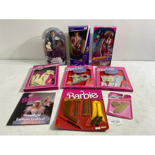 201 - Barbie Magic Pegasus Prince Aidan, Rockstars Derek and Baywatch Dolls with Various Barbie clothes an... 