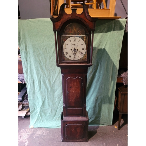 593 - Antique Hugh Knight Longcase clock with white enamel face roman numerals and hand painted religious ... 