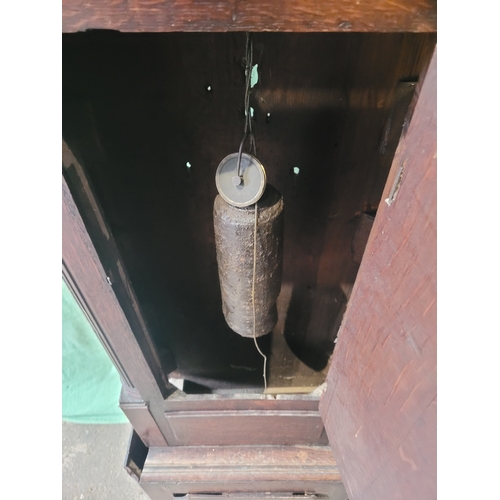 593 - Antique Hugh Knight Longcase clock with white enamel face roman numerals and hand painted religious ... 