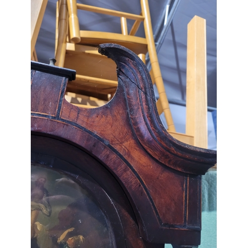 593 - Antique Hugh Knight Longcase clock with white enamel face roman numerals and hand painted religious ... 