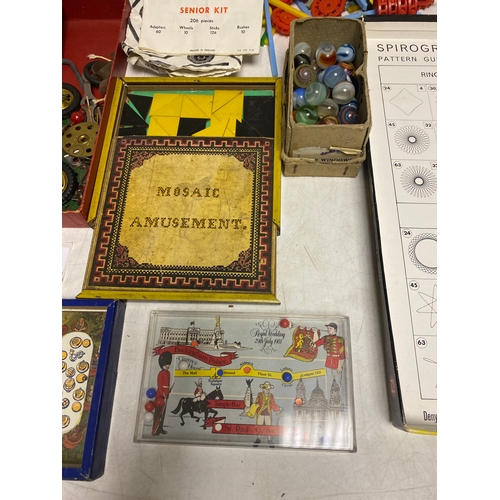 223 - Various Toys including, 2x Build it tubes, a Meccano set, Marbles, Mosiac Amusement puzzle game, Spi... 