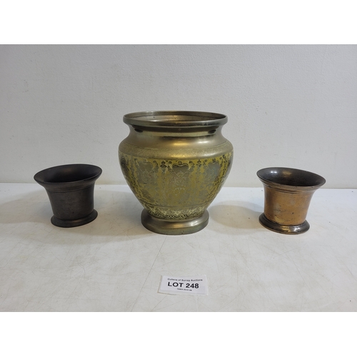 248 - Antique Brass planter and a pair of bronze mortars