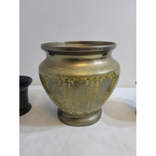 248 - Antique Brass planter and a pair of bronze mortars