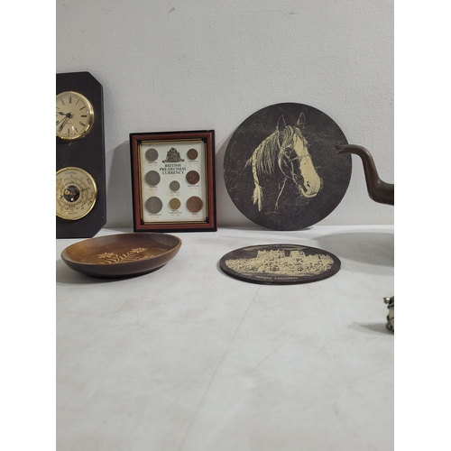 318 - Collection of collectables including brass, cooper, etched plaques, barometer, clocks and more