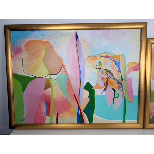 6 - Two original oil on canvas artworks by VON 'Leaves of Time' &' New Season' in gilt frames signed by ... 