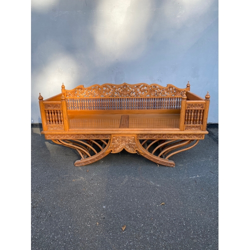 682 - Large Exquisite Hand-Carved Wooden Swing seat with carved floral backrest.
