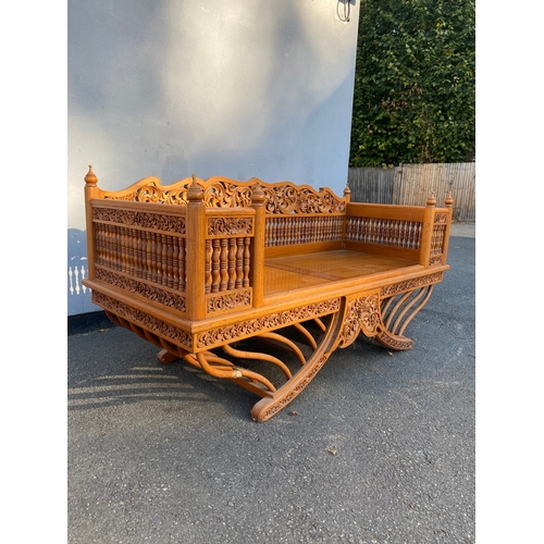 682 - Large Exquisite Hand-Carved Wooden Swing seat with carved floral backrest.