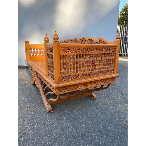 682 - Large Exquisite Hand-Carved Wooden Swing seat with carved floral backrest.