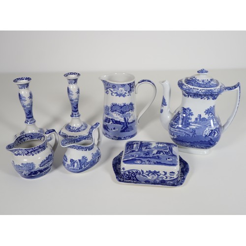 95 - A collection of Spode includes candlestick holders, butter tray, pourers, & tea pot, Italian Spode D... 