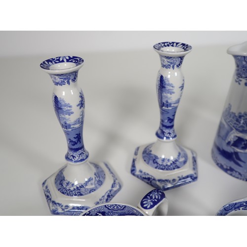 95 - A collection of Spode includes candlestick holders, butter tray, pourers, & tea pot, Italian Spode D... 