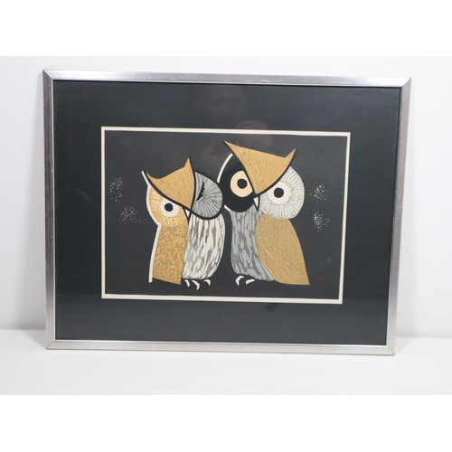 109 - Kaoru Kawano (Japanese 1916-1965) Two Little Owls Woodblock Print c.1950 Framed 56cm x 44cm