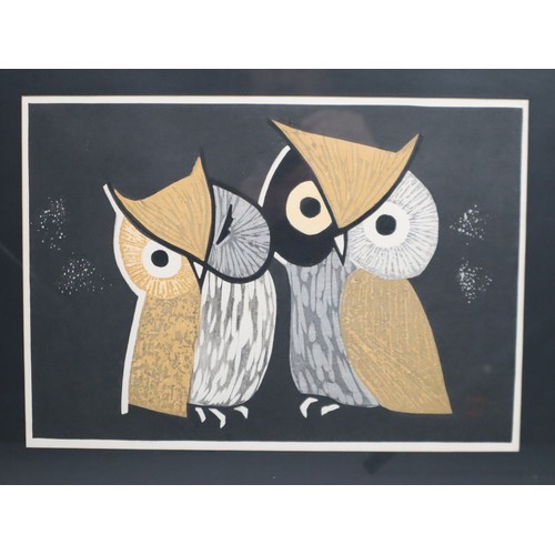 109 - Kaoru Kawano (Japanese 1916-1965) Two Little Owls Woodblock Print c.1950 Framed 56cm x 44cm