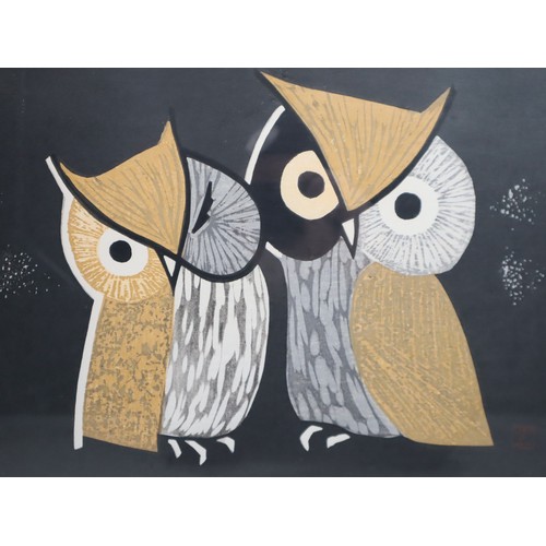 109 - Kaoru Kawano (Japanese 1916-1965) Two Little Owls Woodblock Print c.1950 Framed 56cm x 44cm
