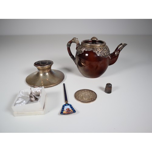 115 - Sterling Silver & Tortoise shell inkwell marked London Congress 1953, antique stoneware tea pot with... 