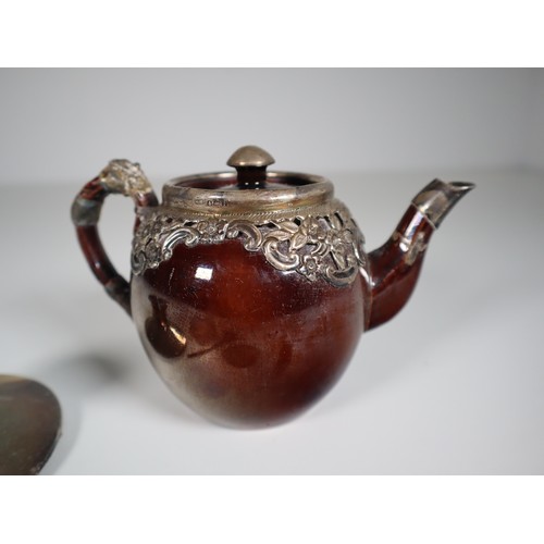 115 - Sterling Silver & Tortoise shell inkwell marked London Congress 1953, antique stoneware tea pot with... 