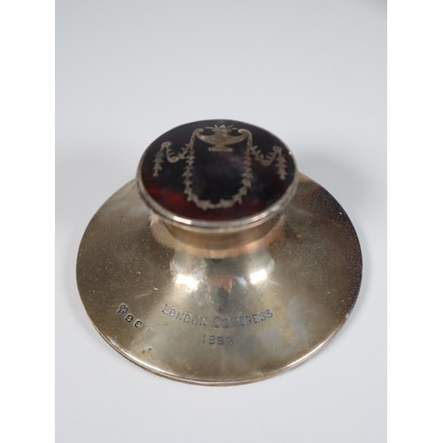 115 - Sterling Silver & Tortoise shell inkwell marked London Congress 1953, antique stoneware tea pot with... 