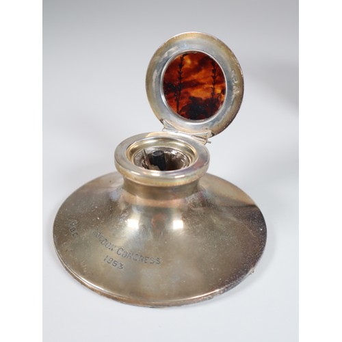 115 - Sterling Silver & Tortoise shell inkwell marked London Congress 1953, antique stoneware tea pot with... 