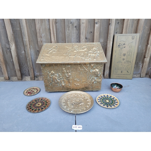 483 - Brass Coal storage box brass decorative plates and a brass plaque