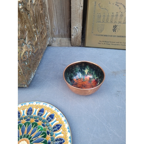 483 - Brass Coal storage box brass decorative plates and a brass plaque