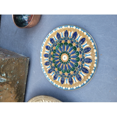 483 - Brass Coal storage box brass decorative plates and a brass plaque