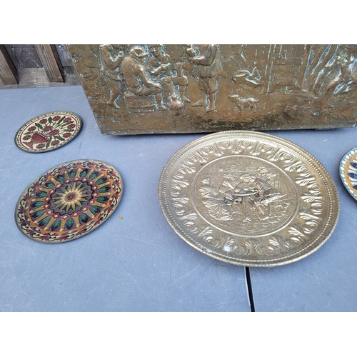 483 - Brass Coal storage box brass decorative plates and a brass plaque