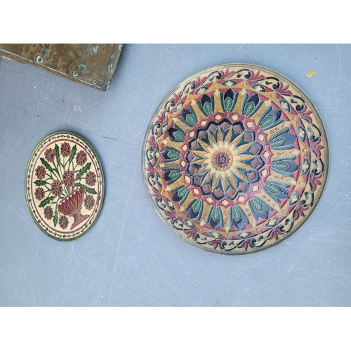 483 - Brass Coal storage box brass decorative plates and a brass plaque