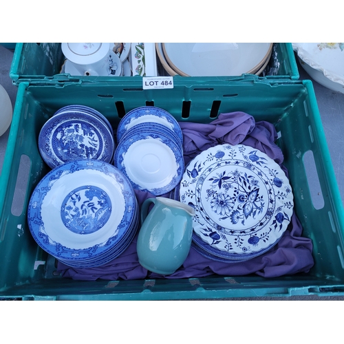 484 - Collection of China and glassware including vases large serving dish tea pots and more