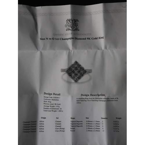47 - 3/4ct Champagne Diamond 9k Gold Ring Size N-O & 1ct Champagne Diamond 9k Gold Ring Size N-O with COA... 