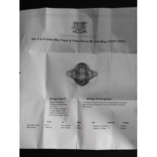 66 - Swiss Blue Topaz & White Zircon 9K Gold Ring 7.55ct Size N-O & Swiss Blue Topaz & White Zircon 9K Go... 