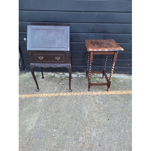 677 - Antique Ladies writing desk and a Jacobean style oak barley twist side table