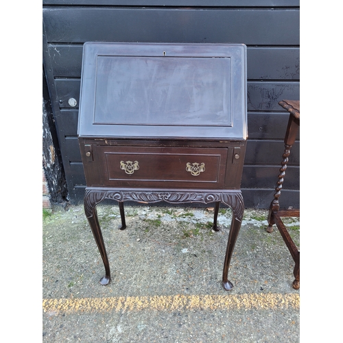 677 - Antique Ladies writing desk and a Jacobean style oak barley twist side table