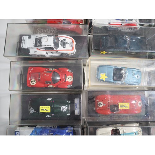 144 - A collection of cases 1:43 scale die cast model racers includes LeMans, Touring and domestic Porsche... 