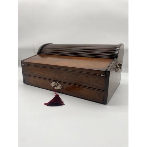111 - Fine George III Mahogany Tambour Top Writing Box with Original Sterling Silver carry handles , echel... 