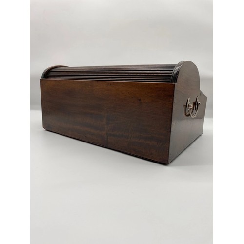 111 - Fine George III Mahogany Tambour Top Writing Box with Original Sterling Silver carry handles , echel... 
