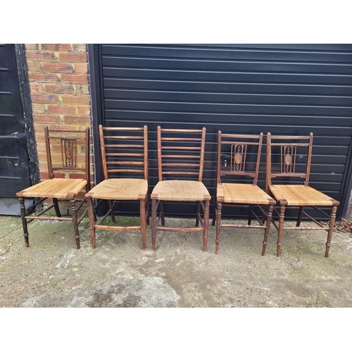 697 - Five antique rush chairs includes three Edwardian chairs with inlay workings + a pair of 19th centur... 
